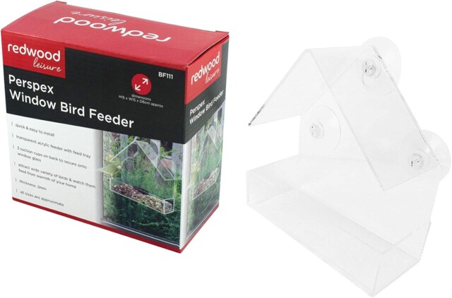 Window Bird Feeder Clear Perspex Hanging Suction Cup Red Tray Acrylic