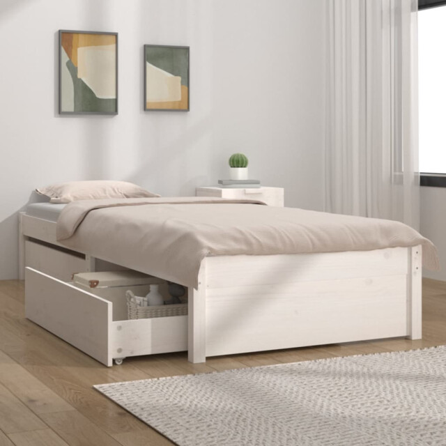Single Bed Frame White Pine Wood 75x190cm With Built-in Storage