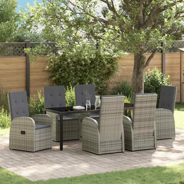 Garden Dining Set With Cushion 7 Pcs Grey Poly Rattan Vidaxl