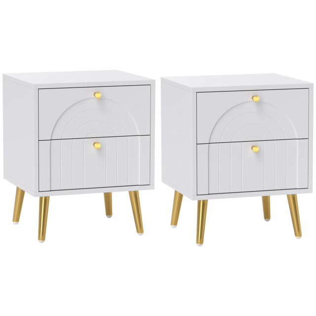 Homcom 2-piece Bedside Table Set, 2 Drawers, White, Gold Pulls, Steel