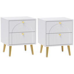 Homcom 2-piece Bedside Table Set, 2 Drawers, White, Gold Pulls, Steel