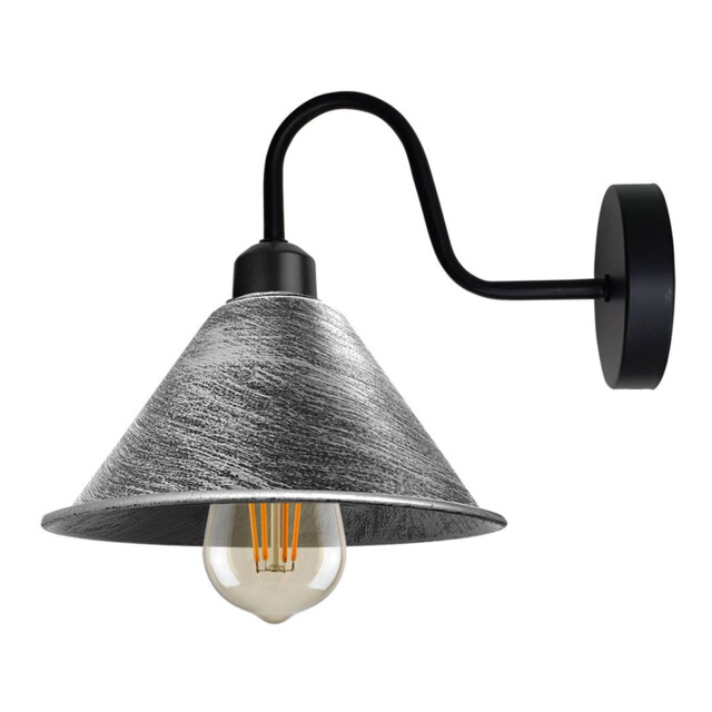 Wall Light Brushed Silver Metal Cone Shade 18cm Arm 17.5cm E27