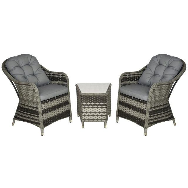 Outsunny 3 Pcs Aluminium Rattan Bistro Set With Soft Cushions & Glass