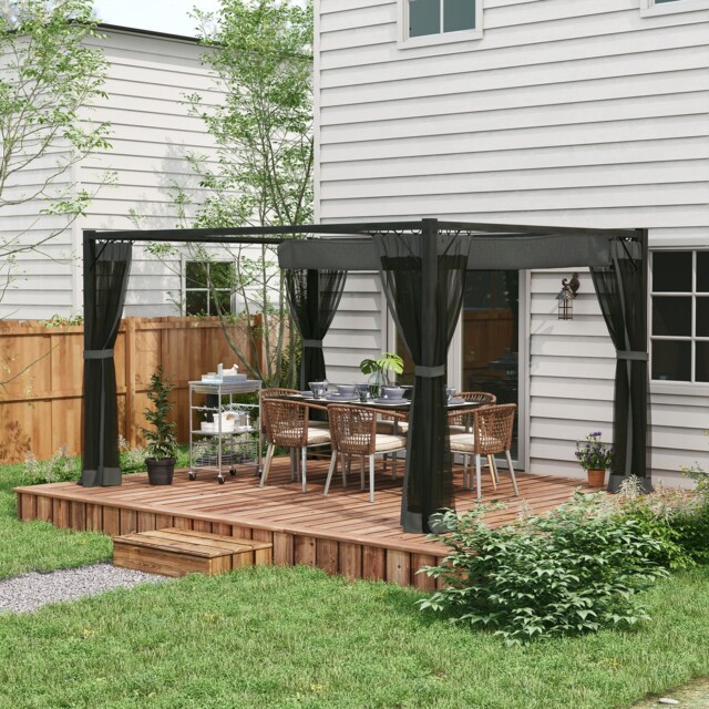 Outsunny 3 X 4m Pergola With Retractable Roof And Netting, Dark Grey