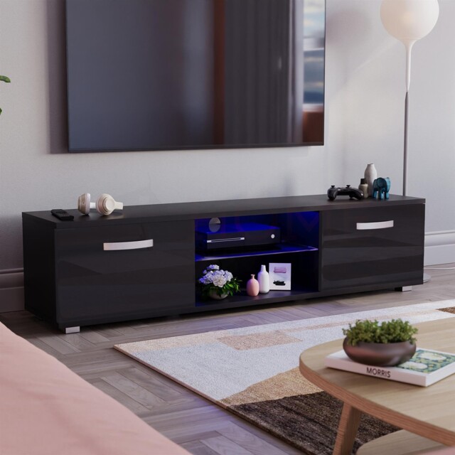 Black Tv Unit Cabinet Stand Led Modern Mdf Furniture Matte Gloss