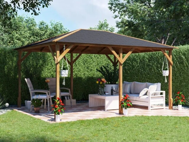 Wooden Gazebo 4x3m, Pressure Treated With Black Shingles, Dunster