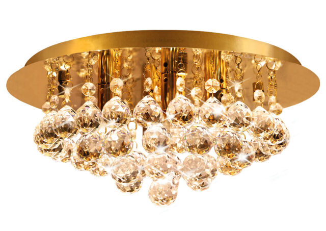 Modern Round Ceiling Chandelier Light Crystal Droplets Gold