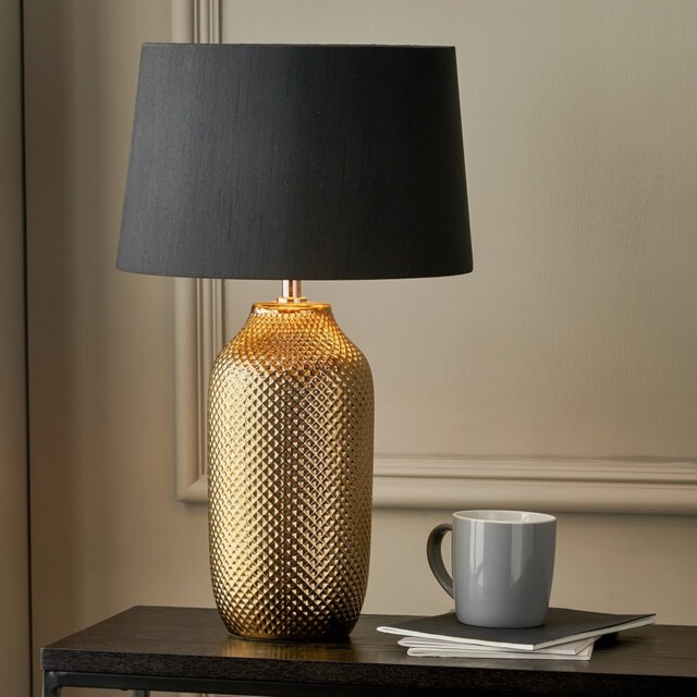 Gold Ceramic Table Lamp Textured With Shade Bedside Living Room Side