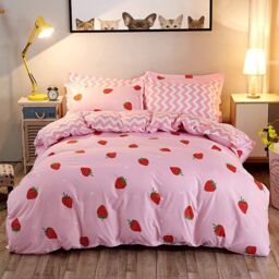 Summer Fruit Duvet Cover Set Pink Strawberries King Size Lovely