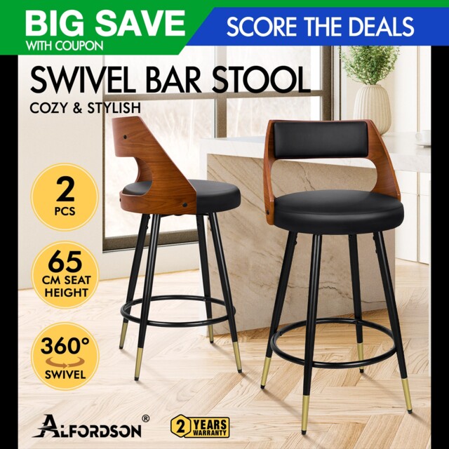 Alfordson 2x Bar Stools Padded Swivel Metal Leg Cafe Pub Breakfast