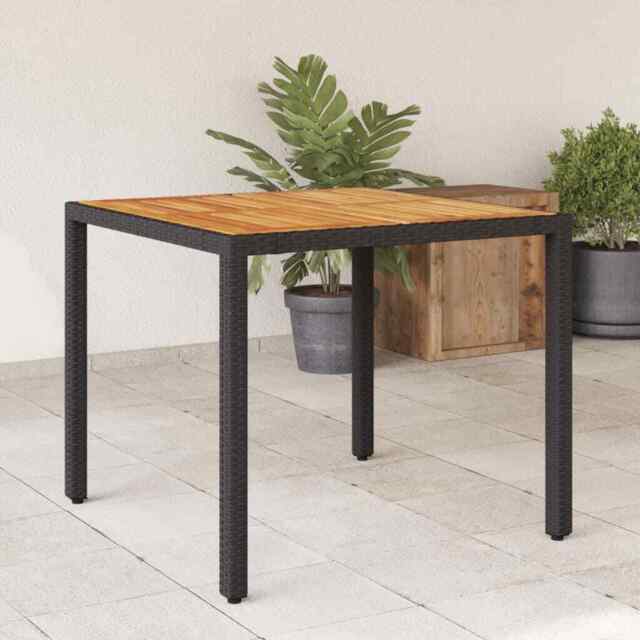 Garden Table With Acacia Wood Top Black 90x90x75 Cm Poly Rattan Vidaxl