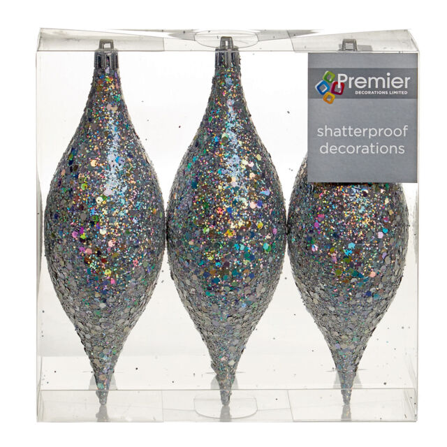 Premier 3 Pack 18cm Glitter Cones Christmas Tree Hanging Decoration -
