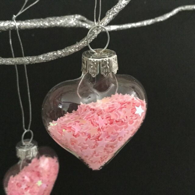 Mini Glass Heart Bauble With Pink Iridescent Star Glitter Christmas