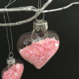 Mini Glass Heart Bauble With Pink Iridescent Star Glitter Christmas
