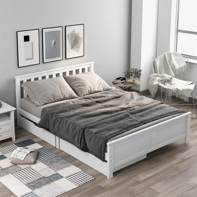 4ft6 Wooden Double Bed Frame Pine Wood W/ Storage Drawers Bed