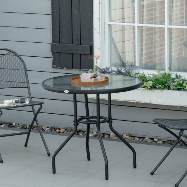Outdoor Round Dining Table Tempered Glass Top Steel W/ Parasol Hole