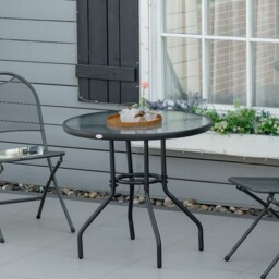 Outdoor Round Dining Table Tempered Glass Top Steel W/ Parasol Hole