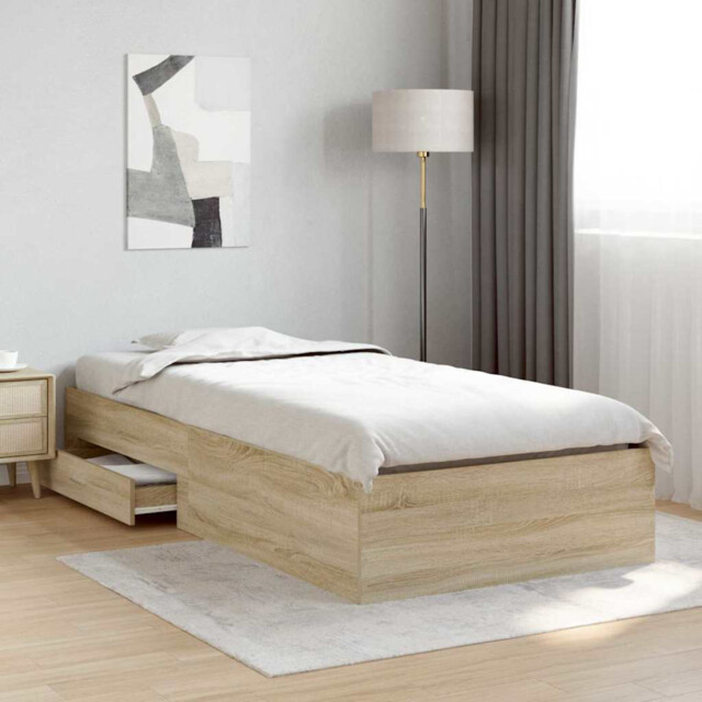 Bed Frame Single Brown Engineered Wood 90x190 Cm With 2 Drawers