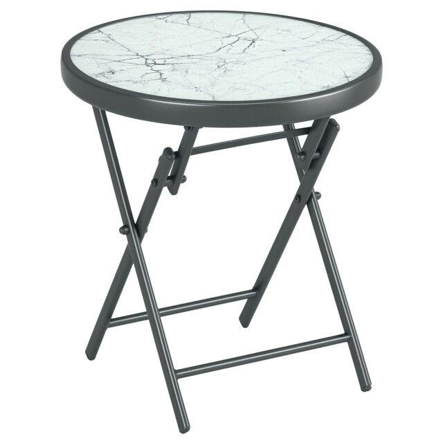 Outsunny Round Folding Side Table W/ Imitation Marble Glass Top, White