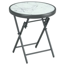 Outsunny Round Folding Side Table W/ Imitation Marble Glass Top, White