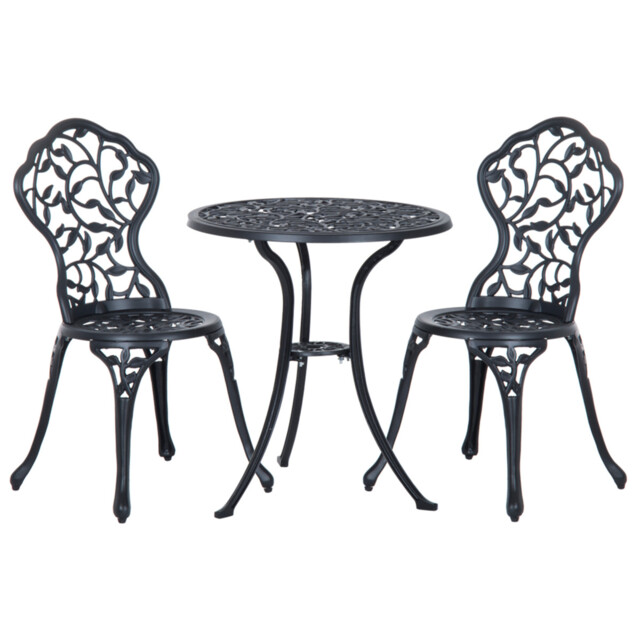 Bistro Set Black 60x65cm Cast Aluminum 3pc Leaf Design Patio Balcony