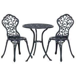 Bistro Set Black 60x65cm Cast Aluminum 3pc Leaf Design Patio Balcony