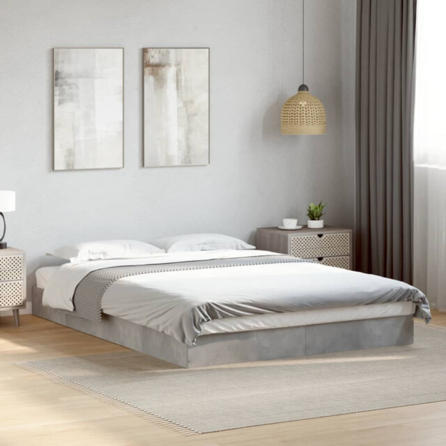 Bed Frame 140x200 Concrete Grey Engineered Wood Plywood Slats Modern
