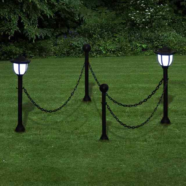 Chain Fence With Solar Lights Two Led Lamps Two Poles Vidaxl