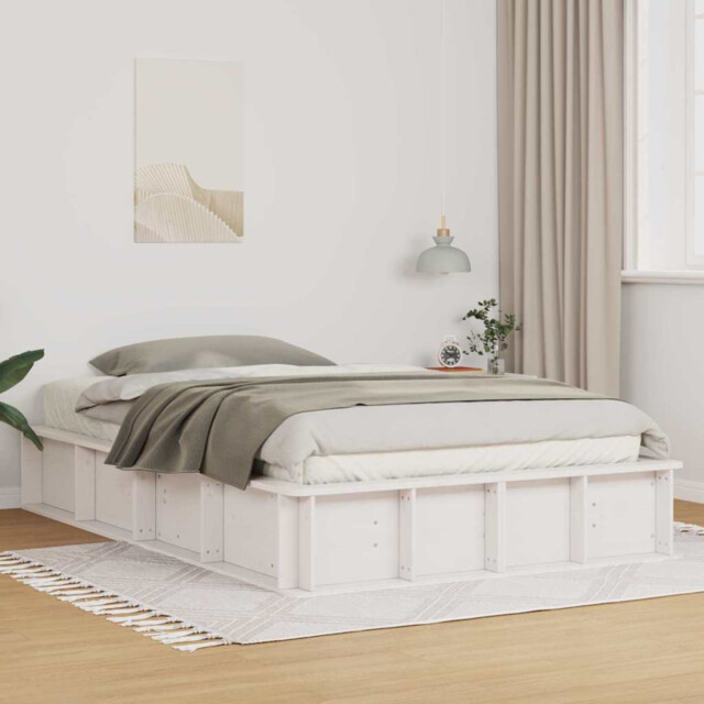Platform Bed Frame 140x200 Cm White Solid Pine Wood Slatted Modern