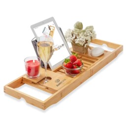 Extendable Wooden Bath Caddy Tray Bamboo Bathtub Rack With Wine Glass