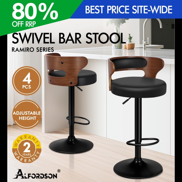 Alfordson 4x Bar Stool Swivel Wooden Backrest Gas Lift Dining Kitchen