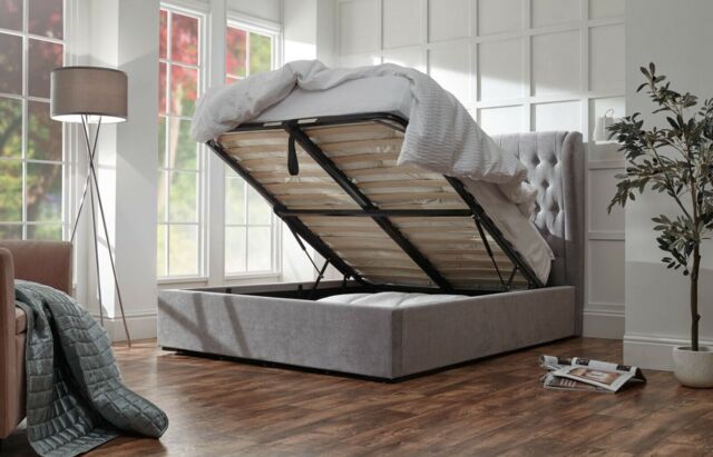 Dakota Fabric Winged End Lift Ottoman Bed 4ft 6 Double Platinum Grey