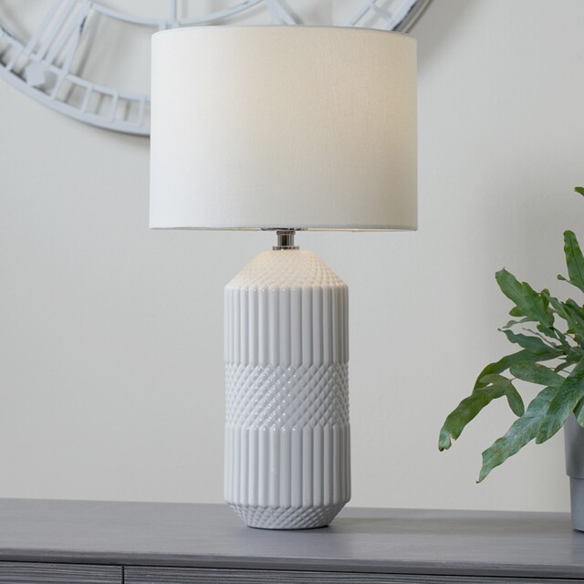 White Ceramic Table Lamp Geo Textured Shade Bedside Living Room Side