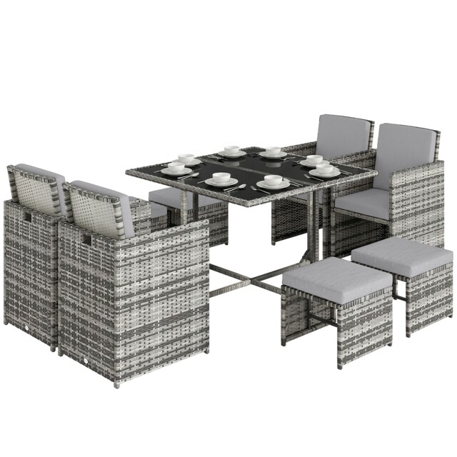 Outsunny 8 Seater Cube Rattan Garden Dining Set With Cushions, Grey