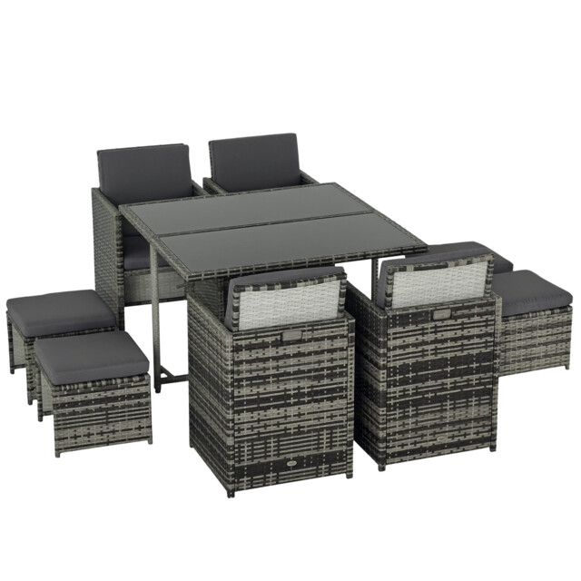 Outsunny 8 Seater Cube Rattan Garden Dining Set With Cushions, Grey