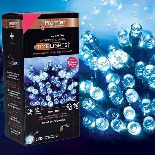 Premier Christmas Tree Lights Blue 100 Led Multi Action Timer Battery