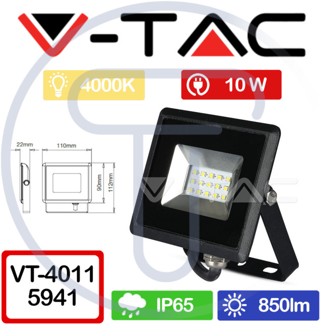V-tac Vt-4011 5941 E-series 10w Smd Led Floodlight Black 4000k Ip65