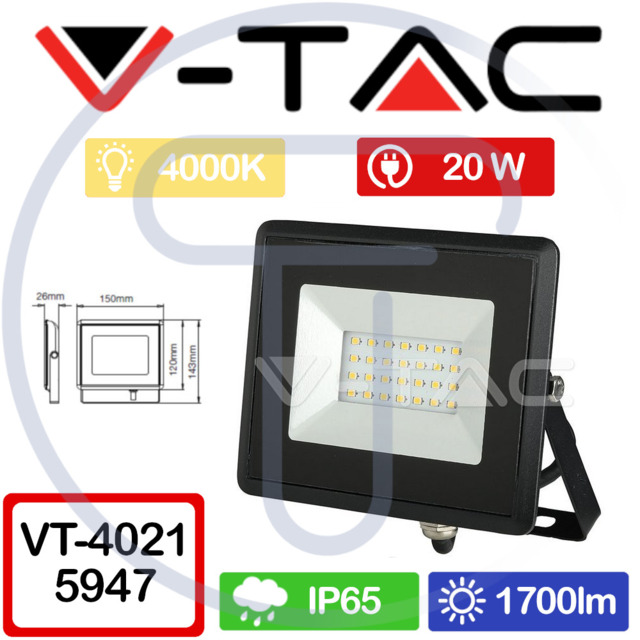 V-tac Vt-4021 5947 E-series 20w Smd Led Floodlight Black 4000k Ip65