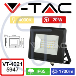V-tac Vt-4021 5947 E-series 20w Smd Led Floodlight Black 4000k Ip65