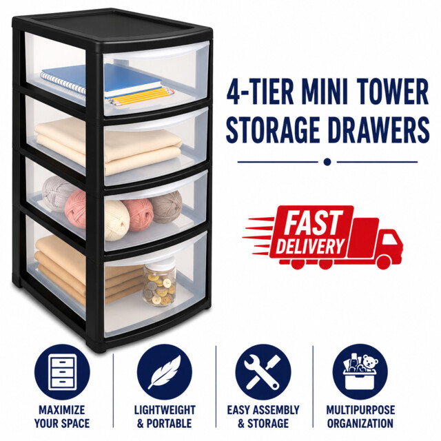 Mini 4 Tier Storage Drawer Unit Plastic Organiser Boxes Space Saving