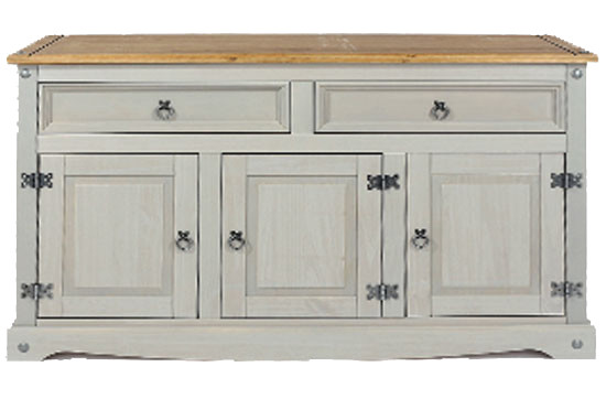 Greywash & Solid Pine Sideboard 3 Doors - 2 Drawers - Premium Corona