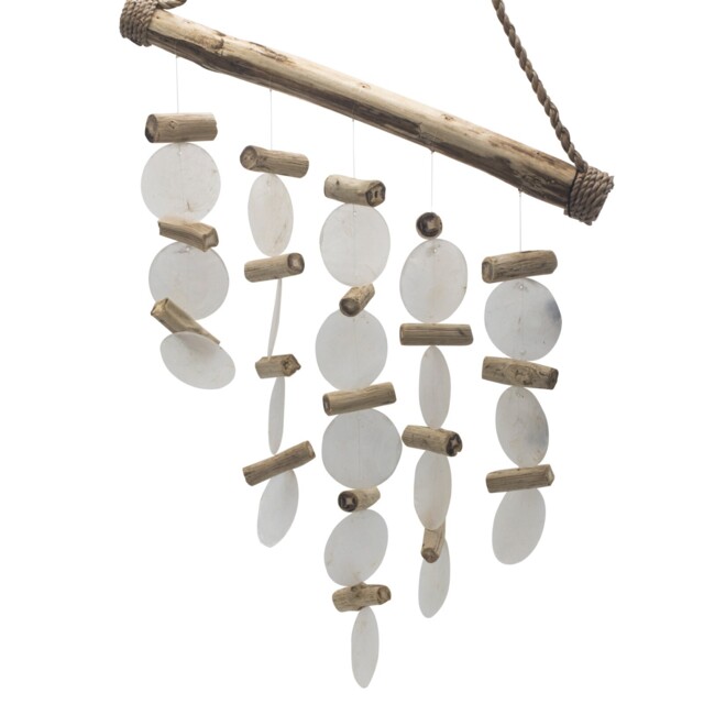 White Capiz Shell Glass And Driftwood Windchimes - Handmade Garden