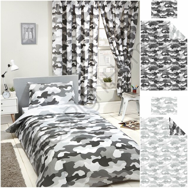 "Camouflage Army Grey Single Duvet Cover Set Reversible + Curtains 54"""