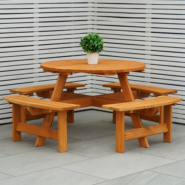 Outdoor 8 Seater Round Bench For Pub/garden Stained Pine Furniture By