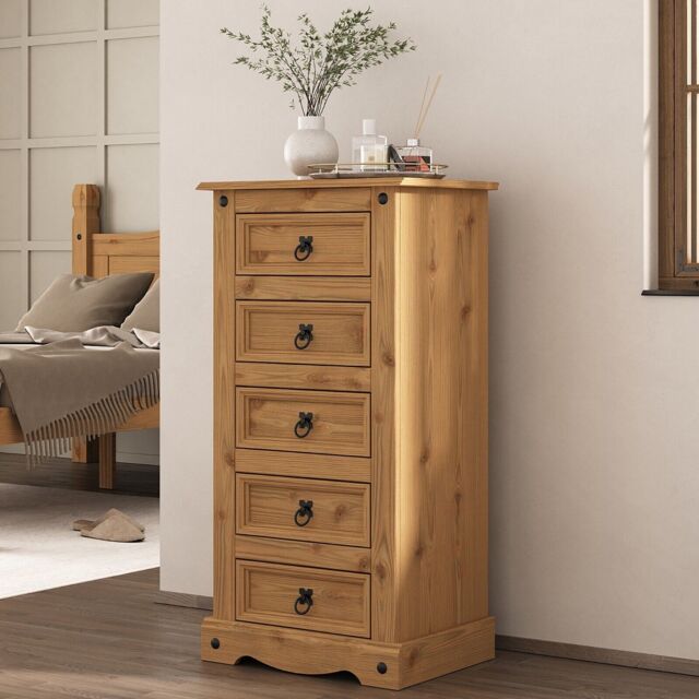 Corona Chest Of Drawers 5 Drawer Narrow Tall Mexican Solid Pine