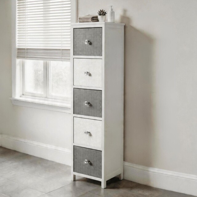 Wooden Storage Unit 5 Drawer Tall Chest Bedroom Organiser White Fully