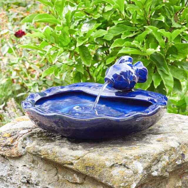 Solar Power Blue Fish Ceramic Outdoor Water Fountain Feature Ornament