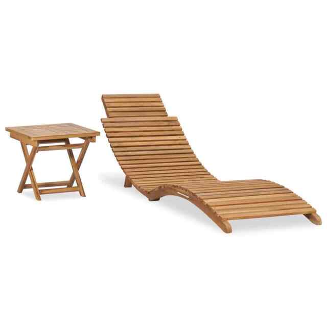 Folding Sun Lounger With Table Solid Teak Wood Vidaxl