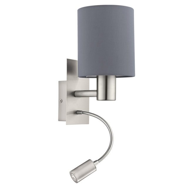 Wall Light Colour Satin Nickel Shade Grey Fabric Bulb E27 Led 1x40w