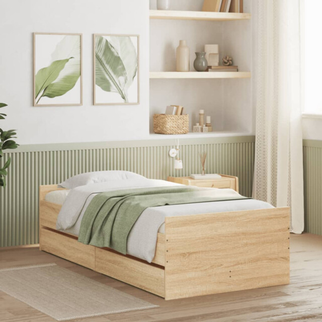 Bed Frame Single With 2 Drawers Sonoma Oak 90x190cm Engineered Wood